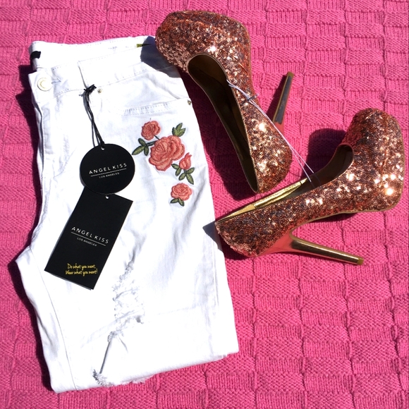 Angel Kiss Skinny Mid Rise White Rose Jeans Sz 11 - Picture 14 of 15